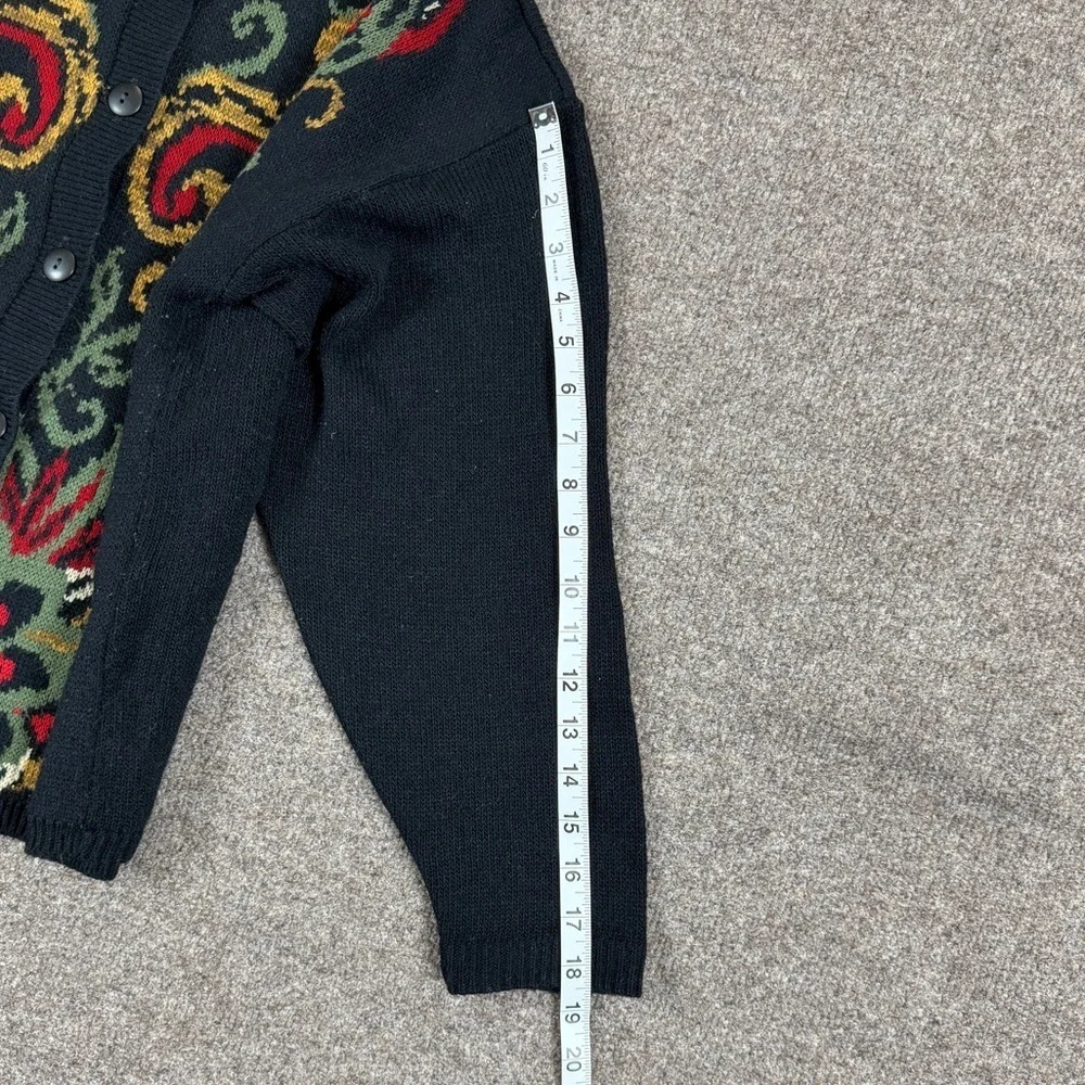 Vintage 90s Black Cardigan Sweater Women’s S Colorful Paisley Pattern Grannycore